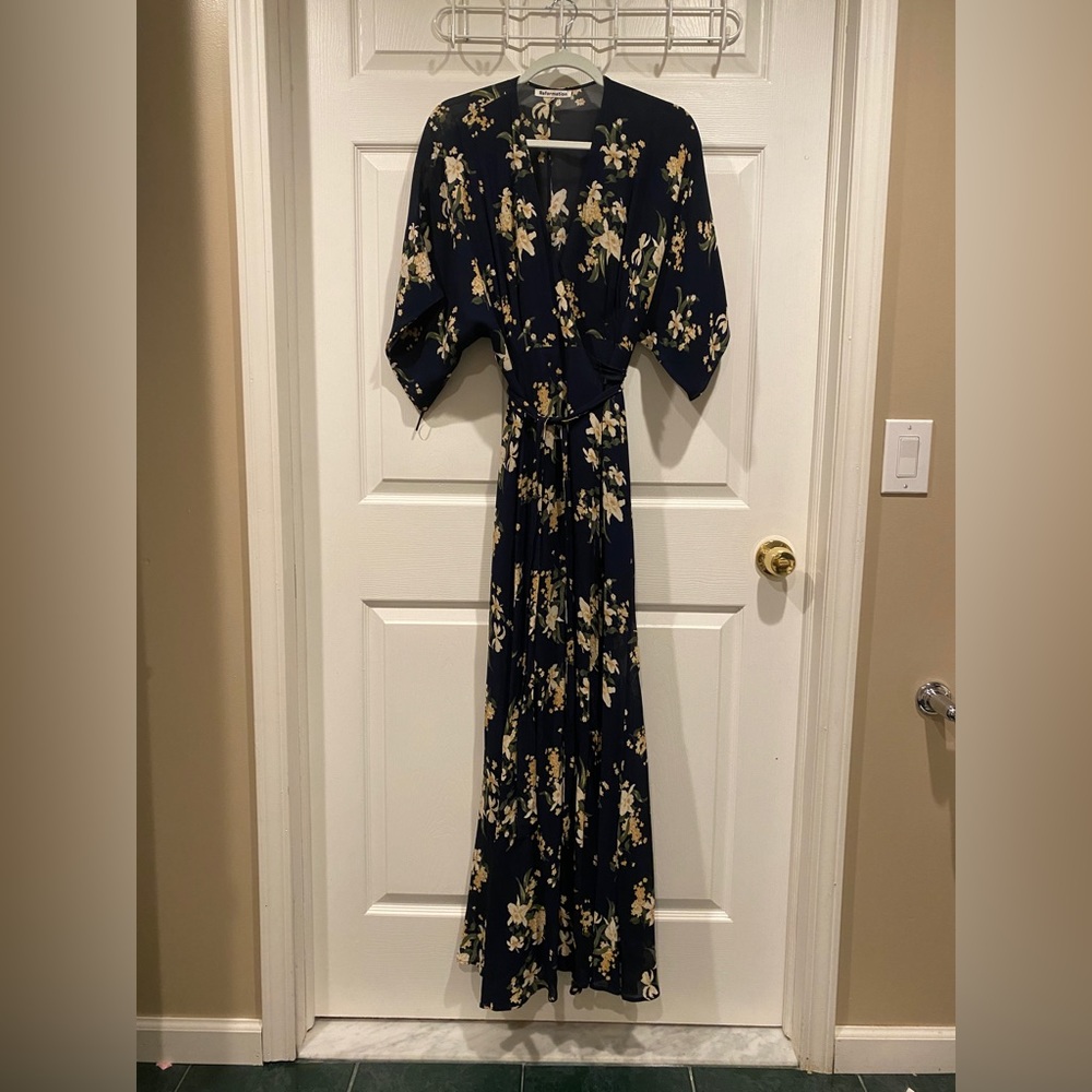Reformation Winslow dark navy floral maxi wrap dress